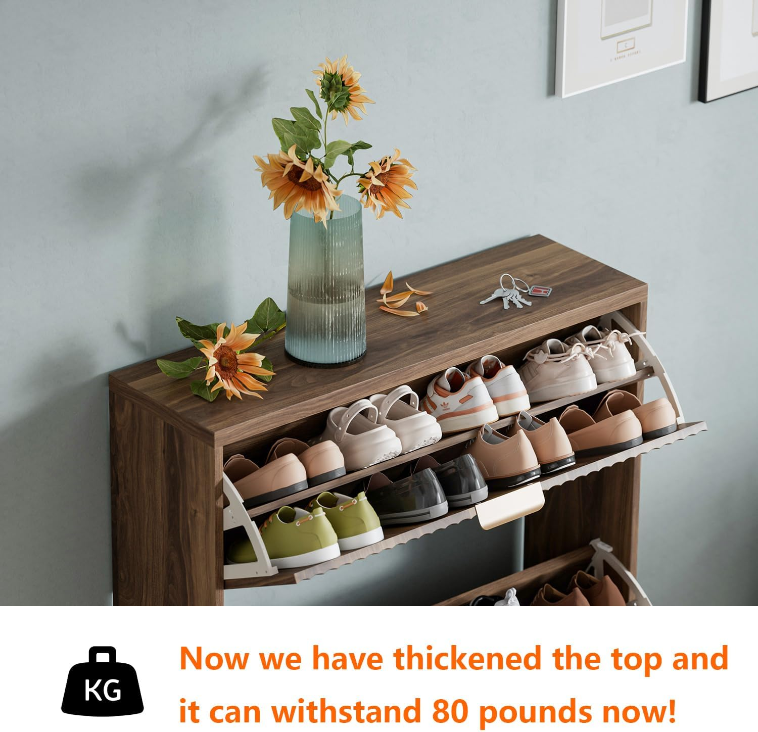 Open flip drawer shoe cabinet with shoes stored inside