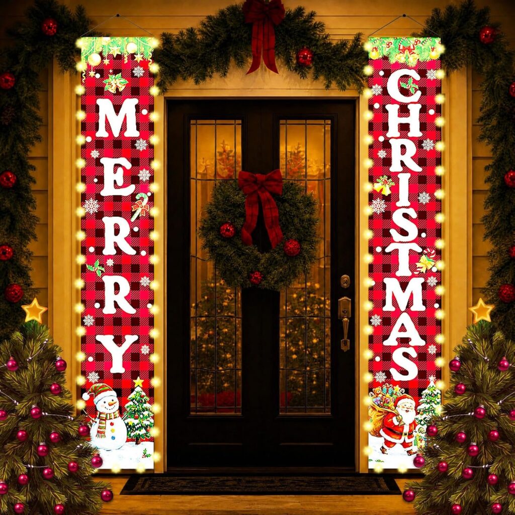 Merry Christmas lighted door banners either side of a front door