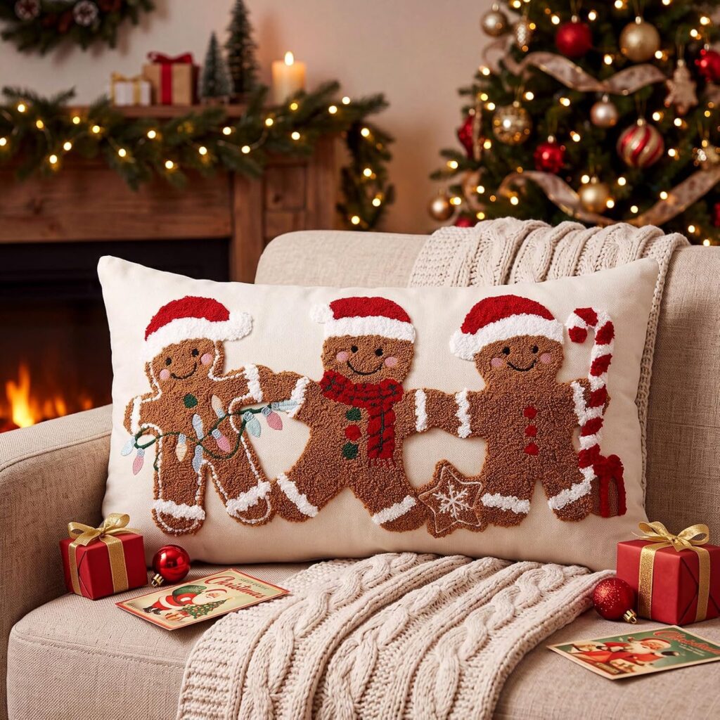 Christmas gingerbread pillow cover with three gingerbread men on a sofa