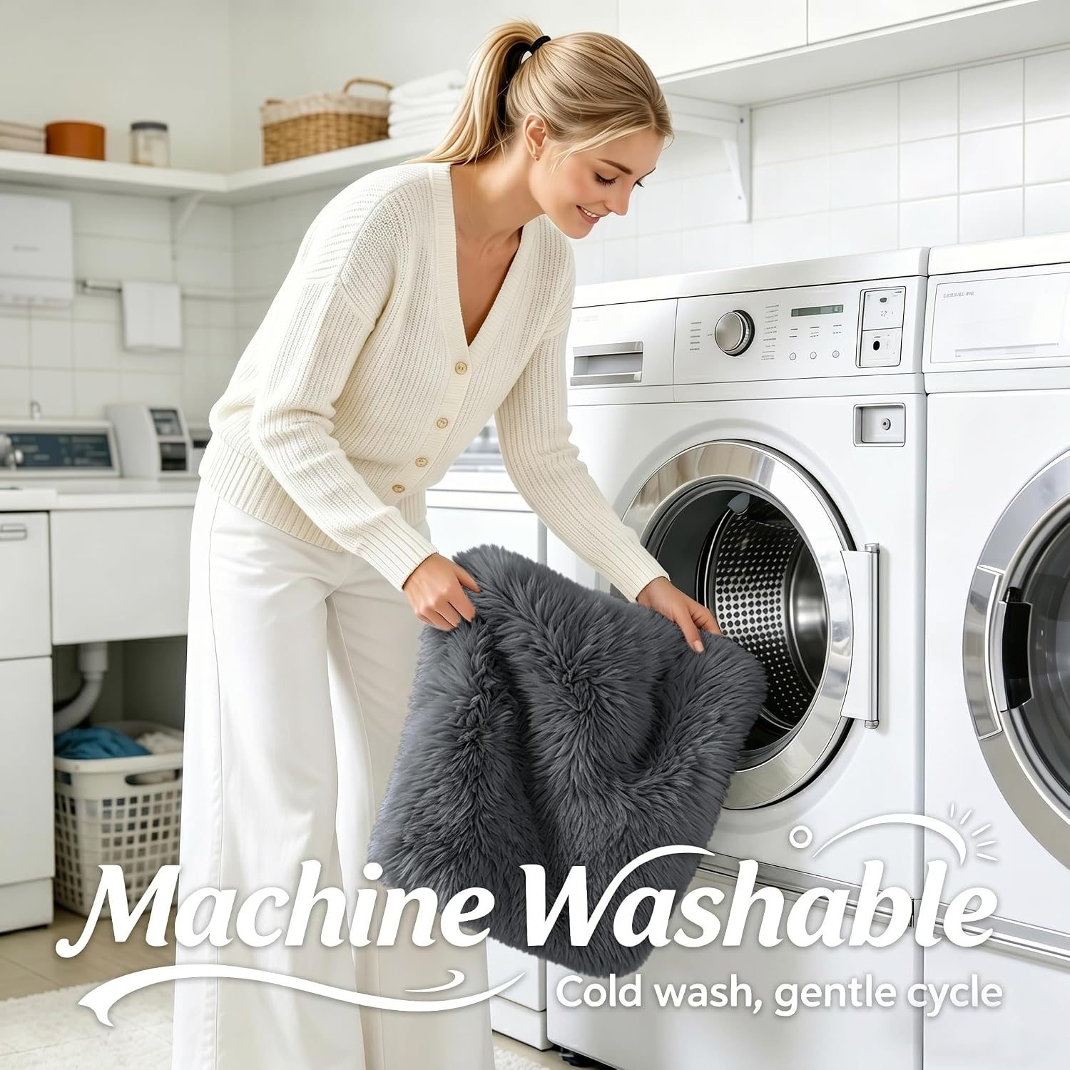 Machine washable fluffy rug being put into a washing machine