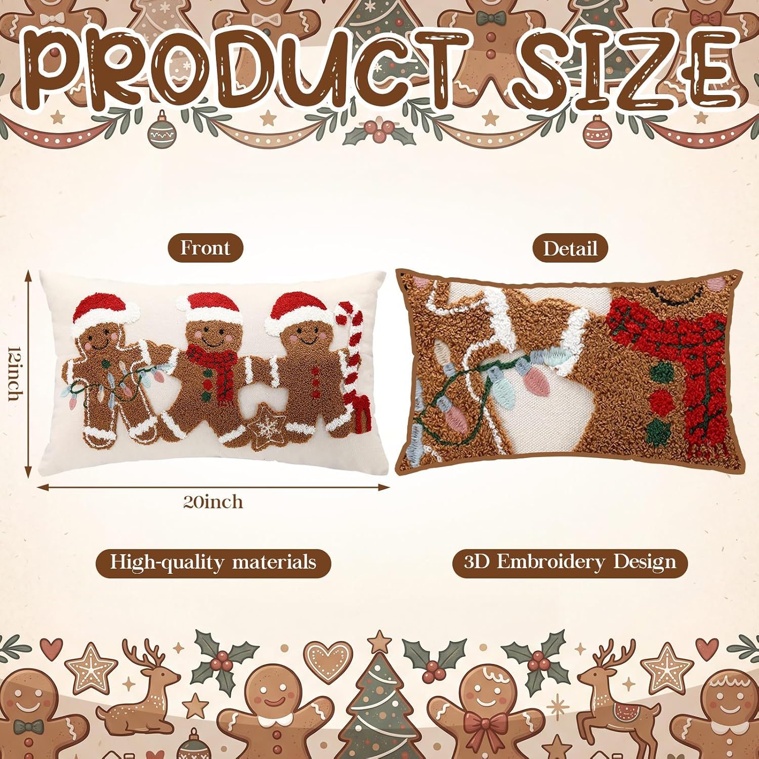 Christmas gingerbread pillow cover size diagram, 20 inches wide and 12 inches tall
