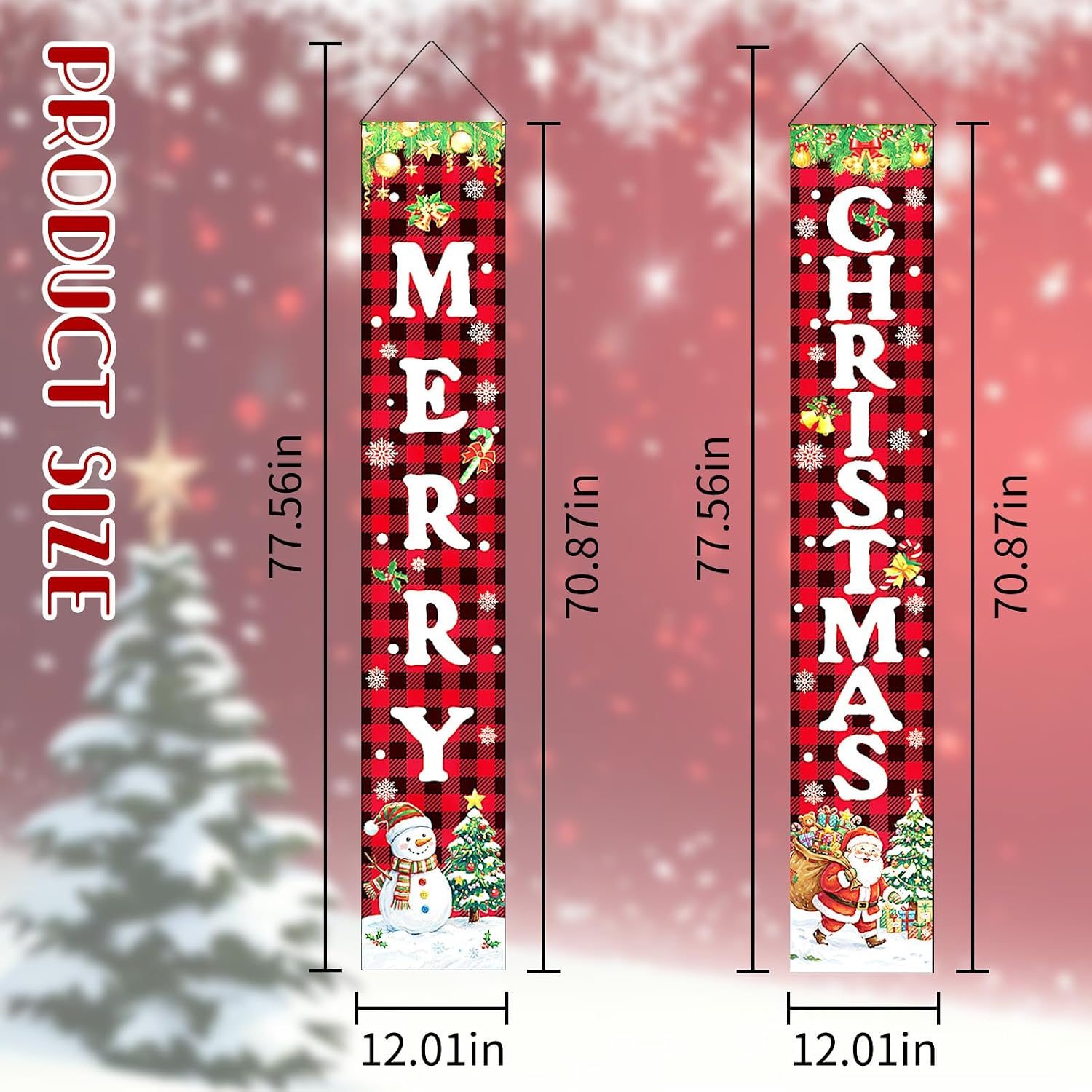Merry Christmas door banner size diagram, 70.87 inches tall and 12.01 inches wide