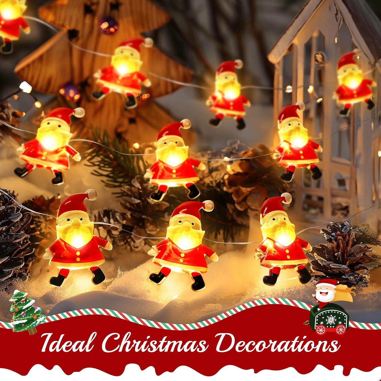 Santa Claus string lights in a snowy Christmas scene