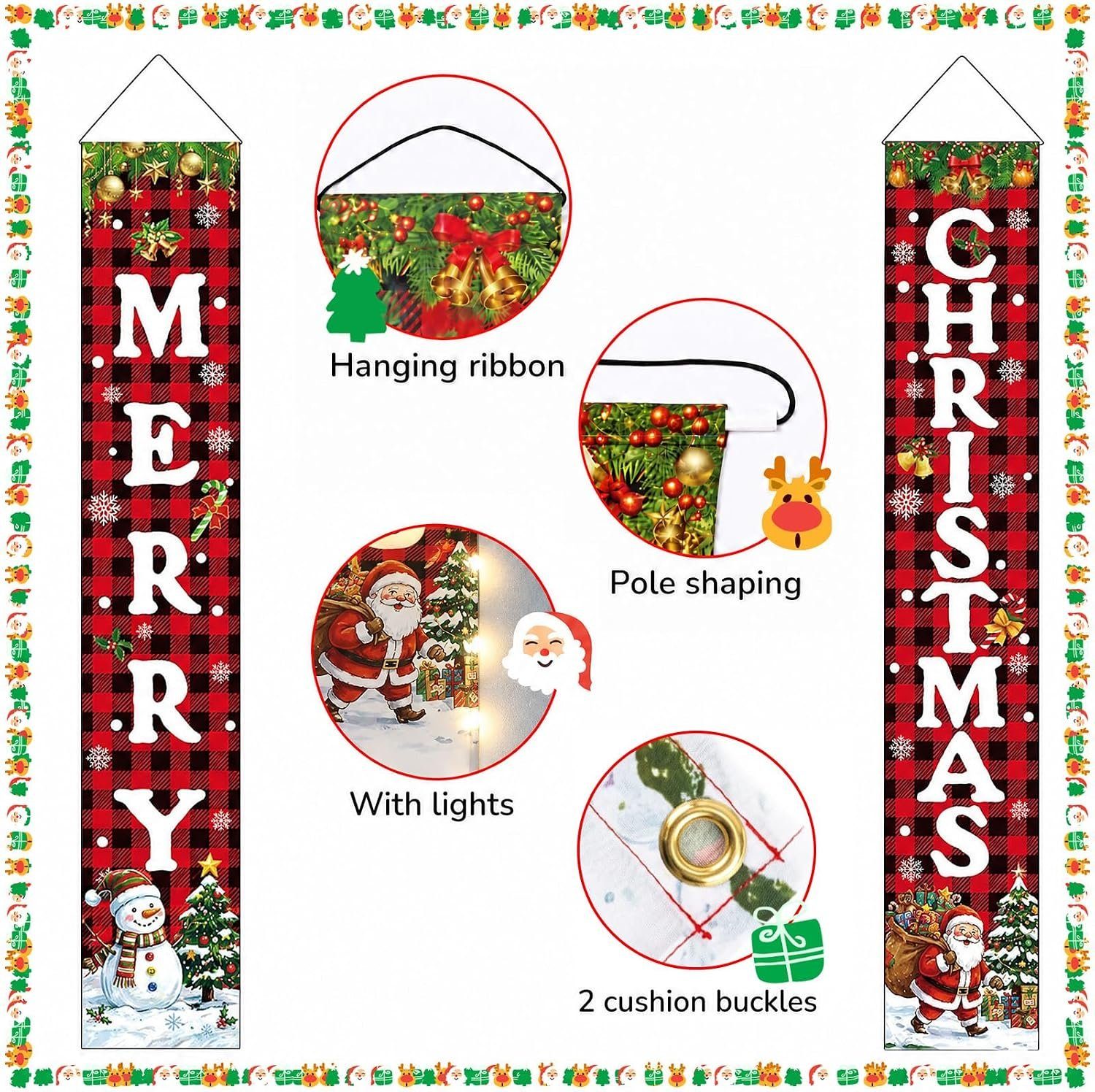 Merry Christmas banner features: hanging ribbon, pole shaping and lights
