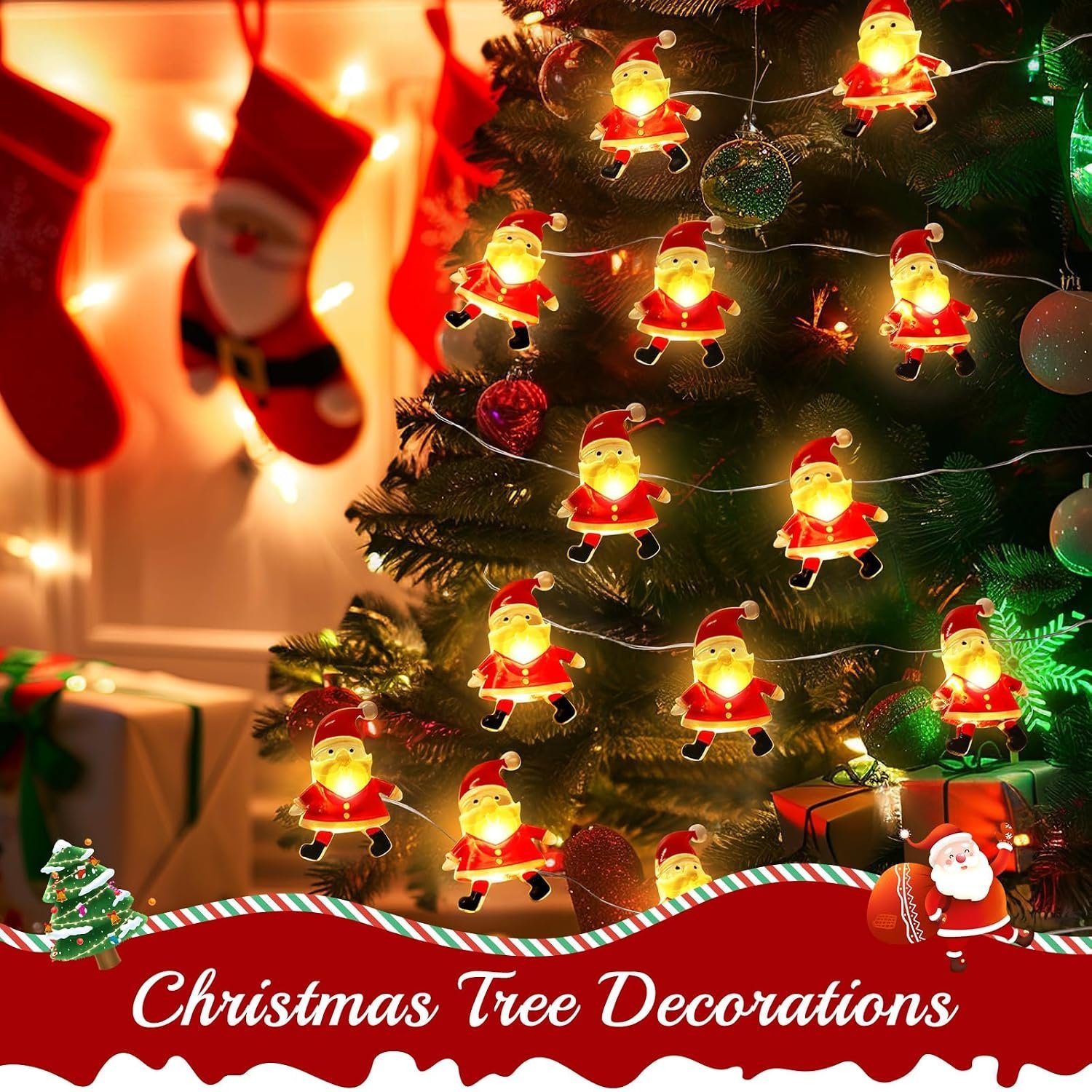 Santa Claus string lights on a Christmas tree