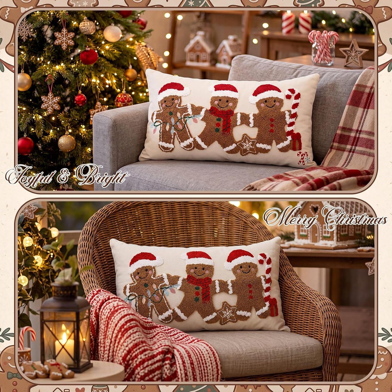 Christmas gingerbread pillow cover on a grey sofa and a wicker chair