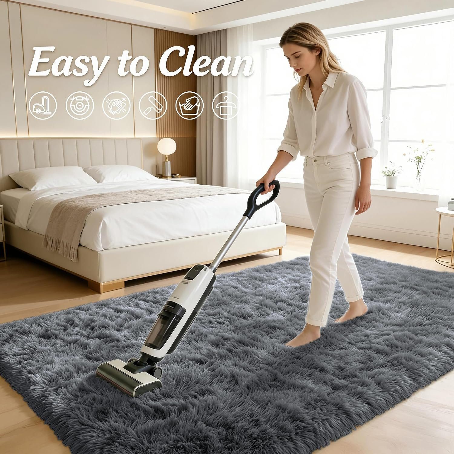 Vacuuming a grey fluffy area rug in a bedroom