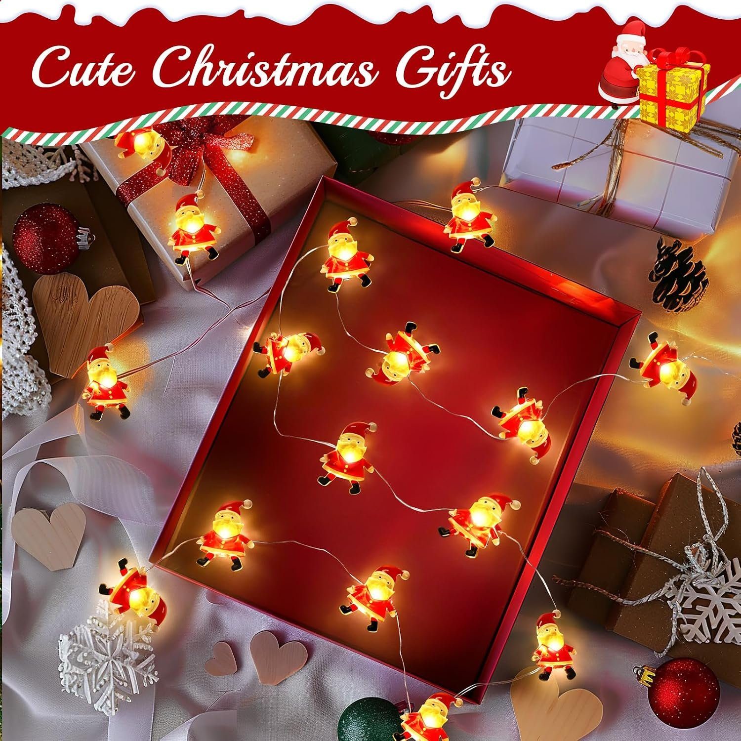 Santa Claus string lights draped over Christmas gifts