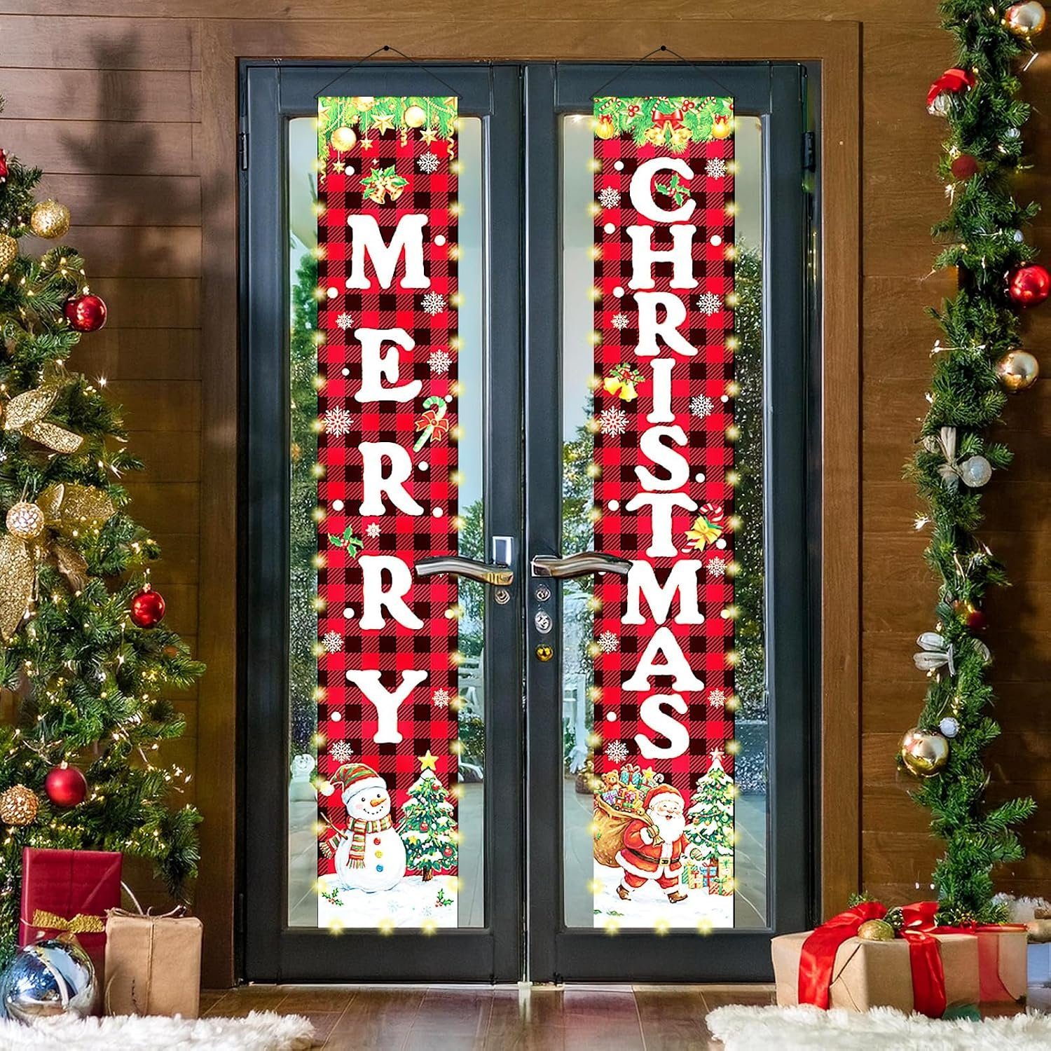 Merry Christmas lighted banners on glass double doors