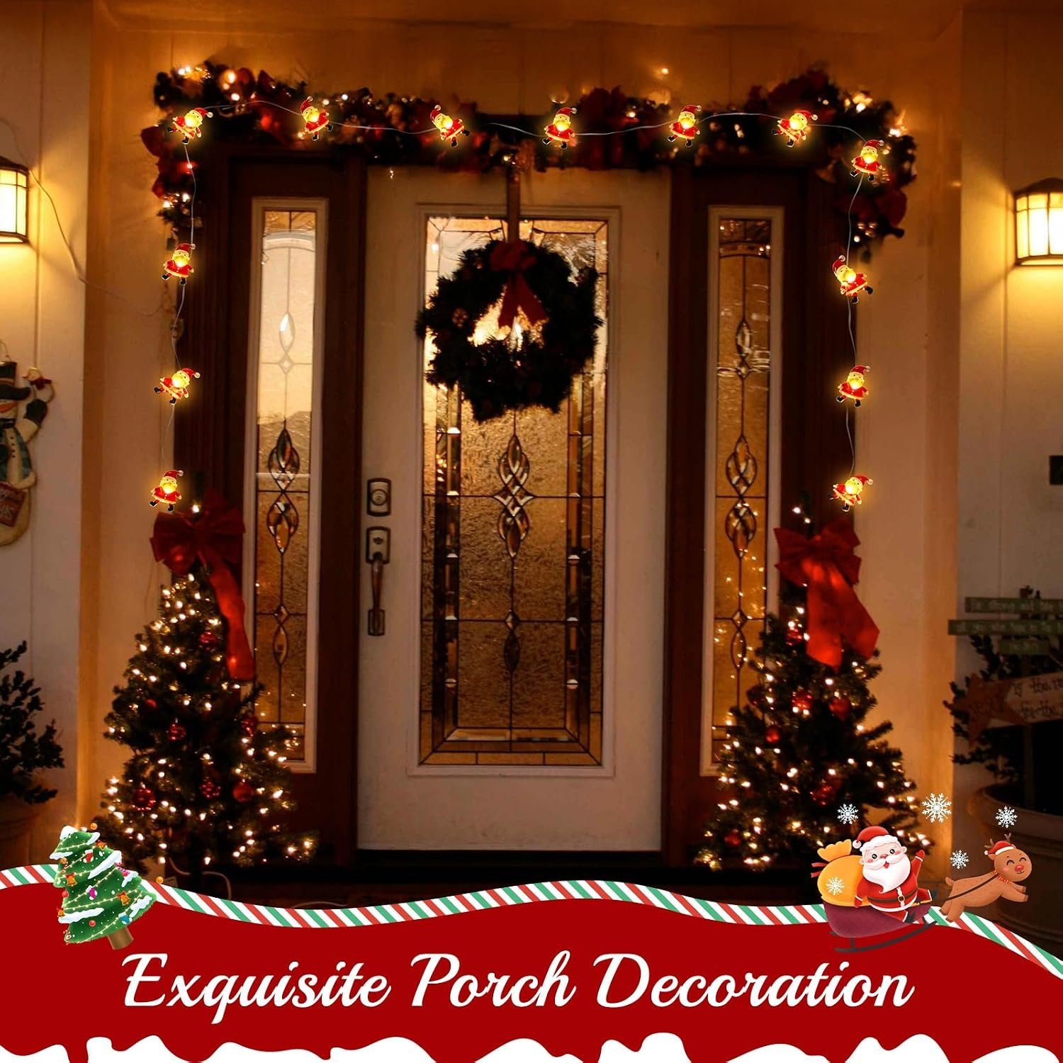 Santa Claus string lights around a front porch doorway