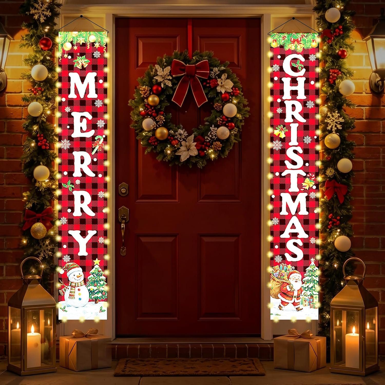 Merry Christmas lighted banners either side of a red front door