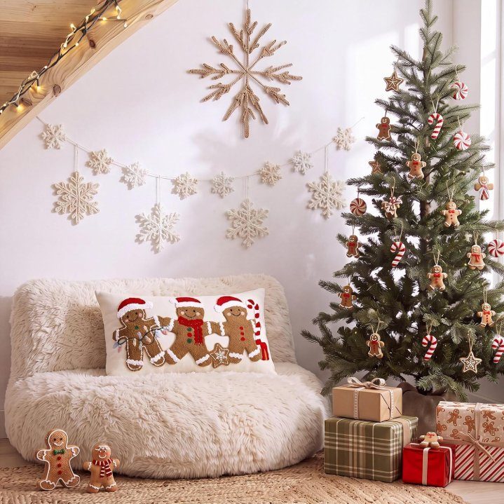 Christmas gingerbread pillow cover on a white chair beside a Christmas tree