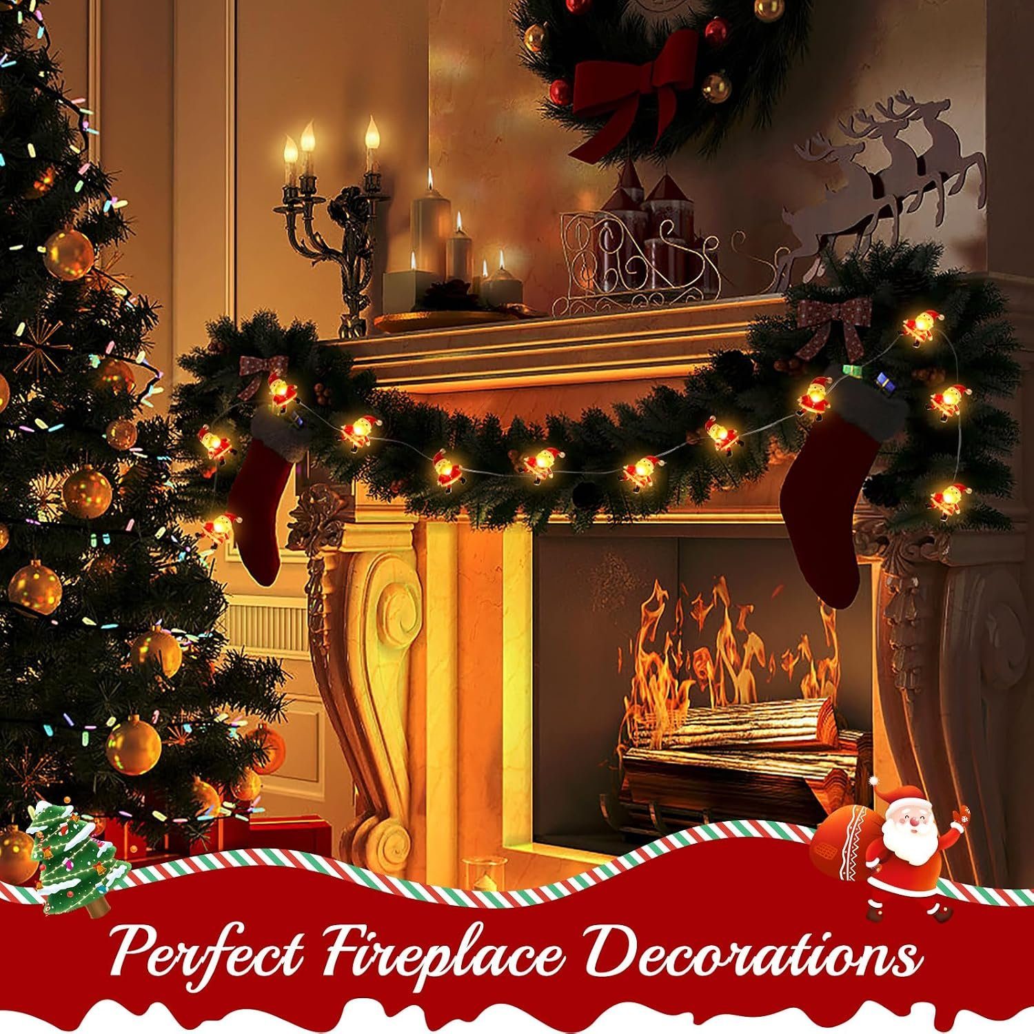Santa Claus string lights on a fireplace mantel garland