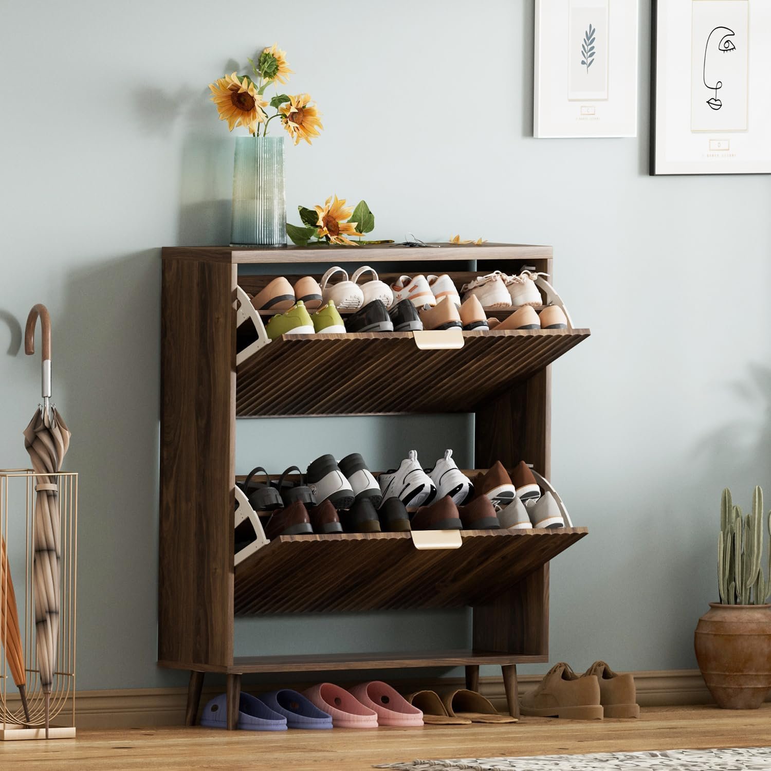 Entryway shoe organizer with both flip drawers open