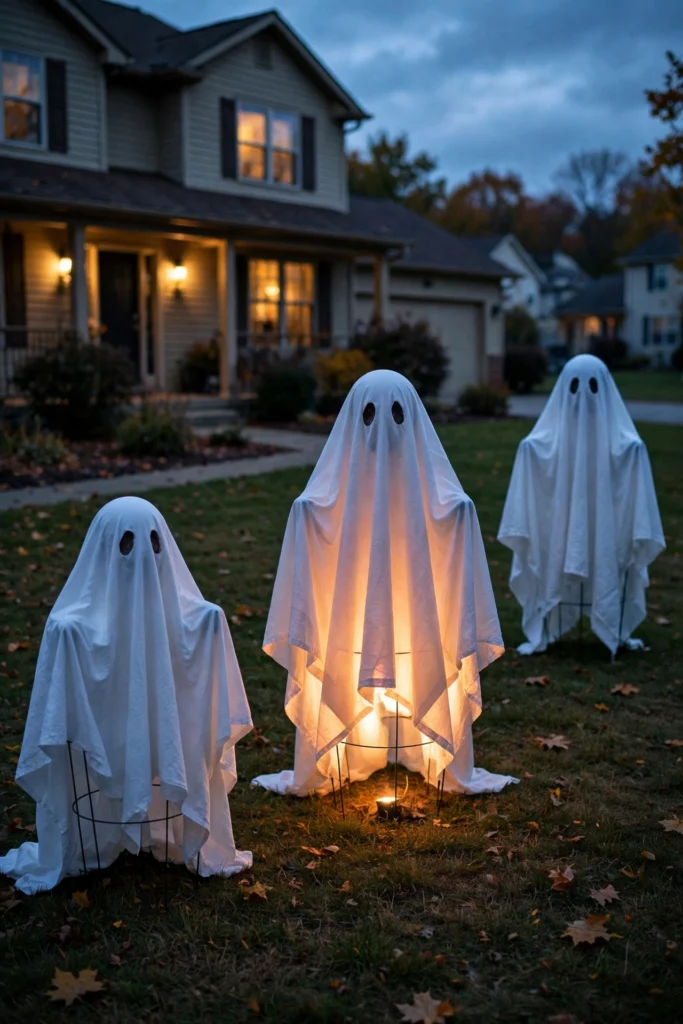 DIY sheet ghost decorations for front yard Halloween