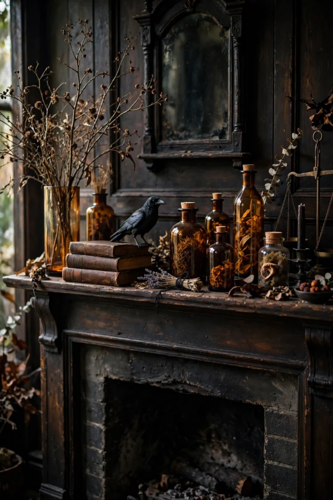 Halloween apothecary mantel decor with amber bottles and old books