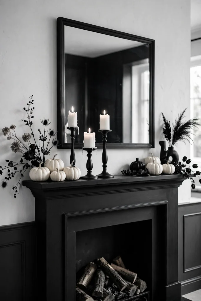 Black and white Halloween mantel decor ideas