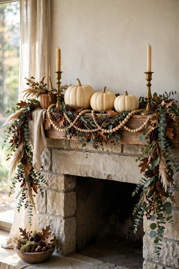 Fall harvest Halloween mantel with garland and neutral pumpkins
