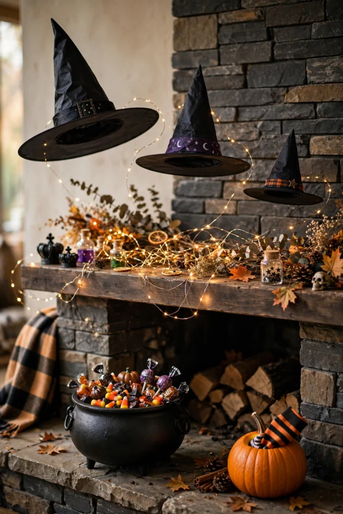 Witchy Halloween mantel decor with floating witch hats