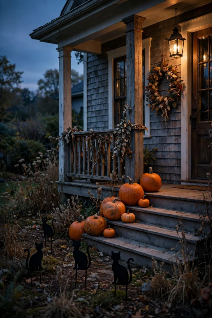 Black cat Halloween porch decor with silhouette stakes and pumpkins