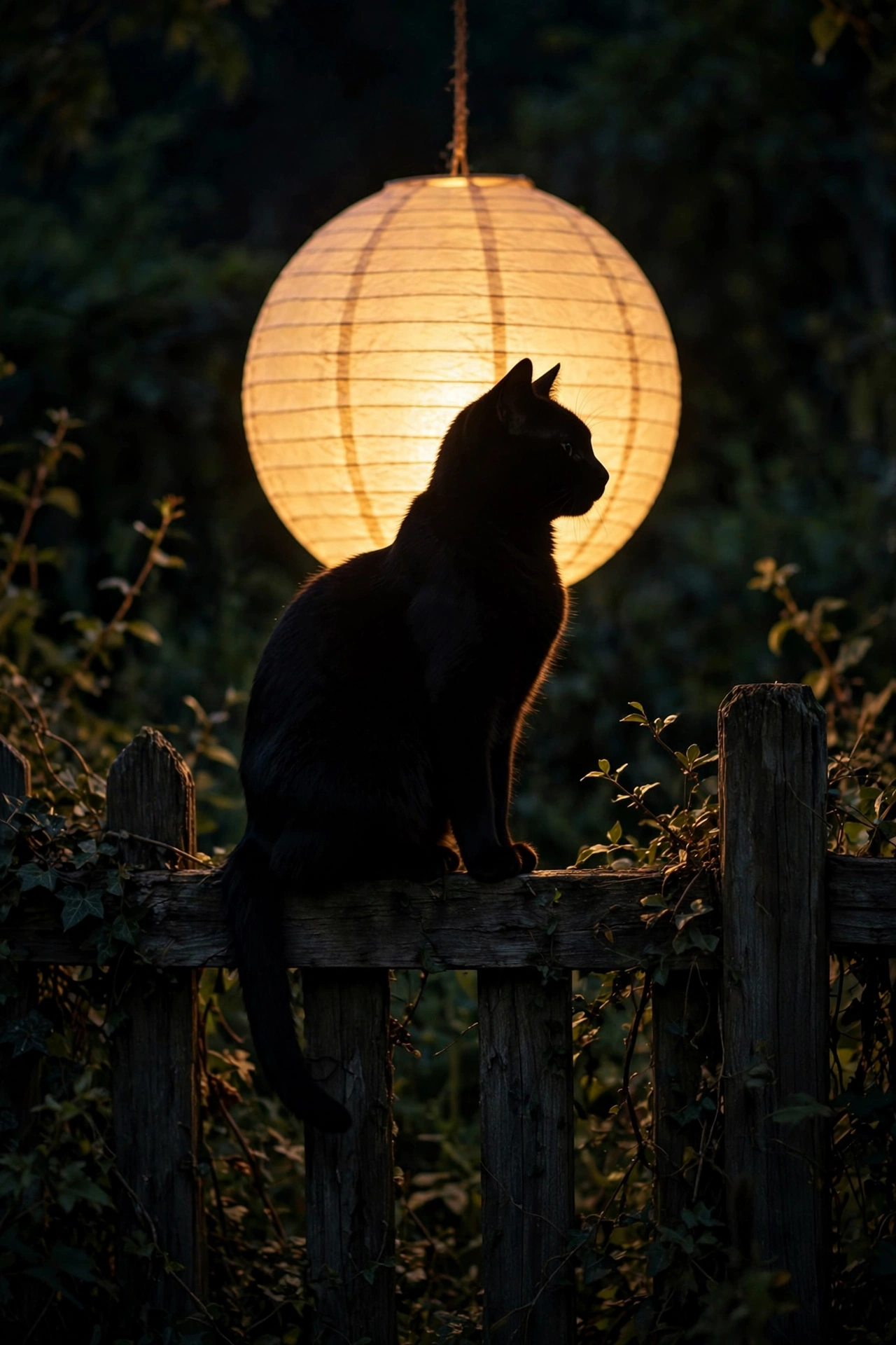 Black cat silhouette against full moon lantern Halloween
