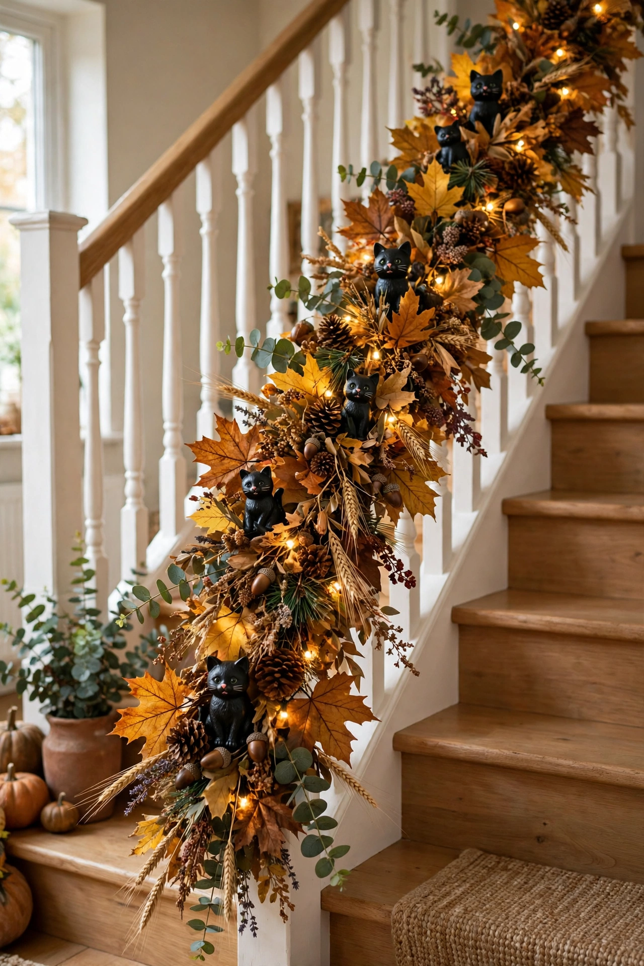 Staircase garland with black cat Halloween ornaments