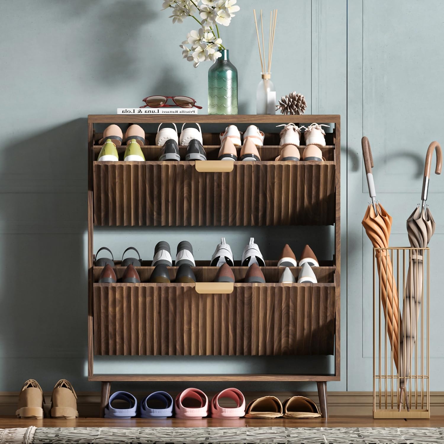 Shoe Cabinet Storage for Entryway: Narrow Walnut Organizer with 2 Flip Drawers